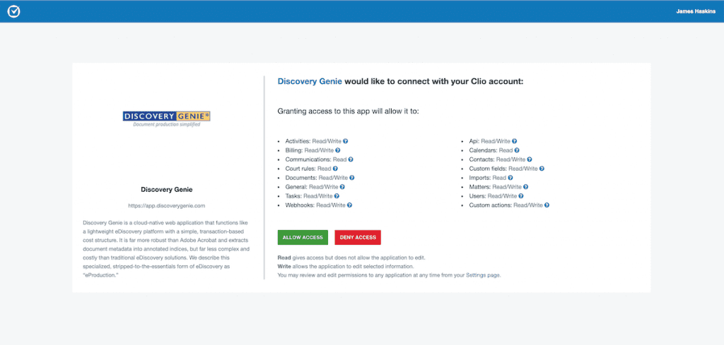 Screenshot of Clio authorization screen